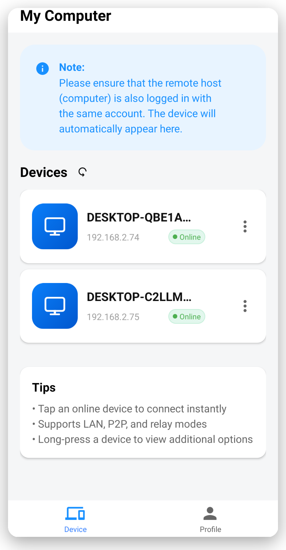 Glintdesk Android app - Device list and connection