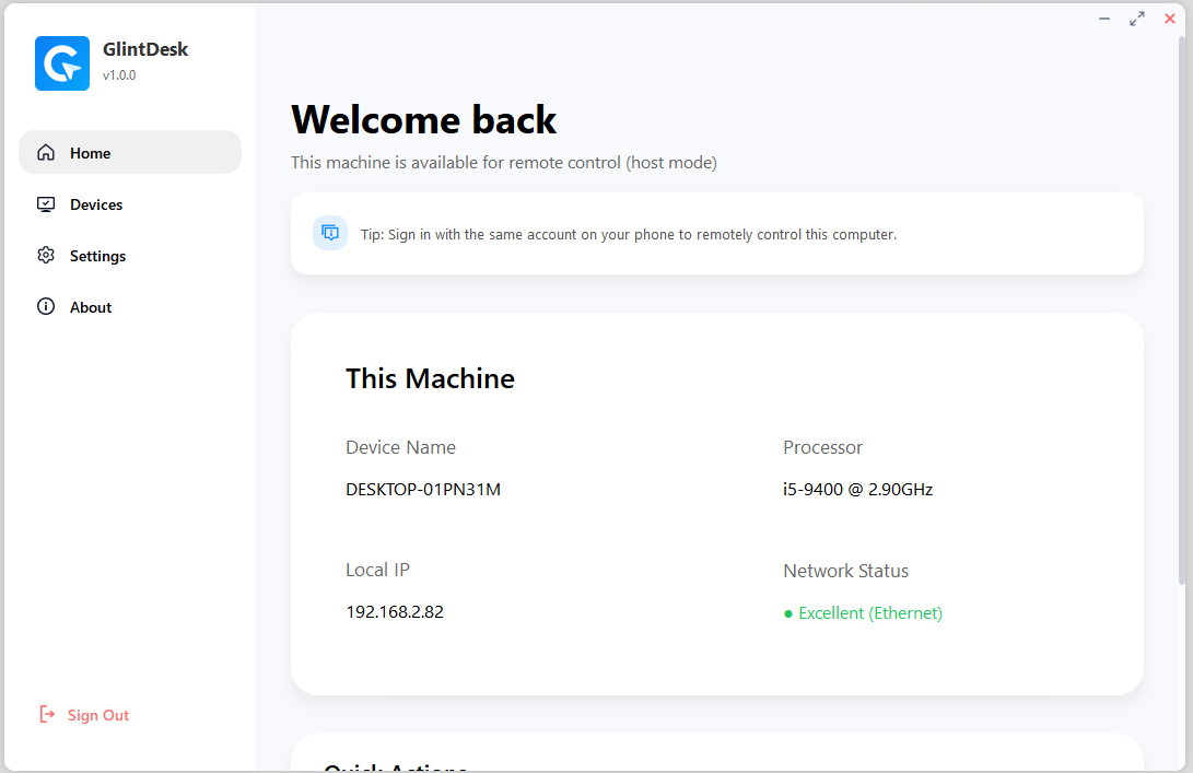 Glintdesk Windows app - Device management interface